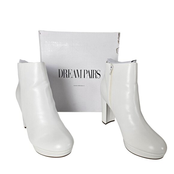Dream Pairs Womens Size 11 White Faux Leather Chunky 4" Heel Ankle Boot Side Zip - Picture 4 of 16